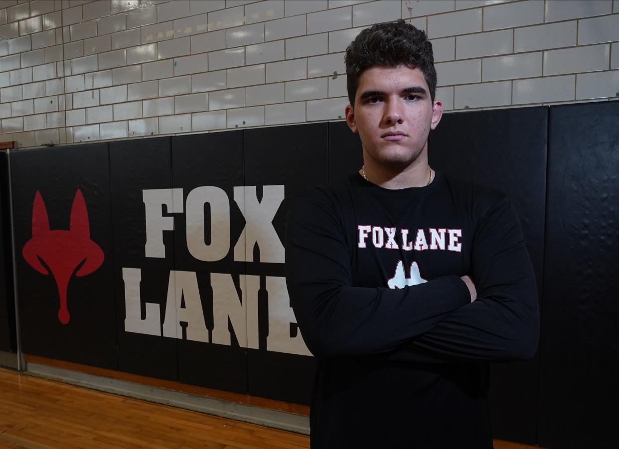 Fox Lane's Alex Berisha is selected as the Westchester/Putnam Wrestler of the Year. Berisha was photographed at Fox Lane High School in Bedford on Tuesday, April 9, 2024.