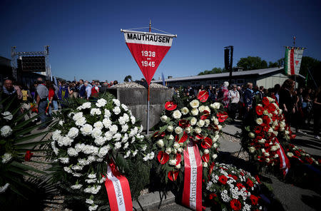 FILE PHOTO: Floral wreaths are placed at the memorial site of the former Mauthausen concentration camp to commemorate its day of liberation, Mauthausen, Austria May 06, 2018. REUTERS/Lisi Niesner/File Photo
