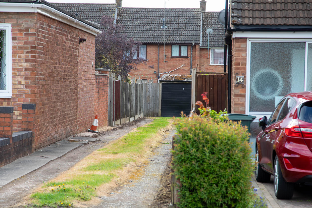 A wall the Palmers built to replace a fence alongside an entry between the two properties. Michelle Palmer's home (L) and Michael and Lynda Goodenough's home (R), on Despard Road, Eastern Green, Coventry.  See SWNS story SWMDrage  A long-running neighboursâ€™ dispute ended in violence when a pensioner Michael Goodenough deliberately reversed his car at the woman next-door Michelle Palmer â€“ only to run over his own wife Lynda Goodenough.   And after Michael Goodenoughâ€™s â€˜display of small-minded petulanceâ€™ left his wife with a crush fracture to her spine, he stormed off, leaving his neighbours to care for her.  Goodenough (73) of Despard Road, Eastern Green, Coventry, was jailed for 15 months after pleading guilty at Warwick Crown Court to inflicting grievous bodily harm.  Things turned sour around 27 years ago over a wall the Palmers built to replace a fence alongside an entry between the two properties.