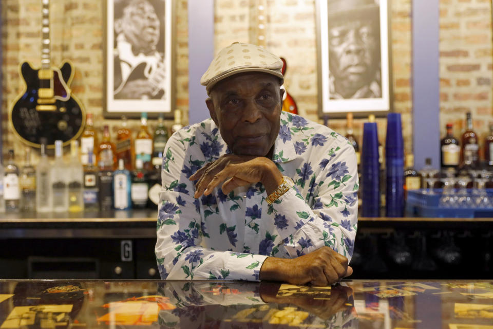 Buddy Guy poses for a portrait to promote the latest installment of the PBS biography series, “American Masters” on Wednesday, July 28, 2021, at his blues club Buddy Guy's Legends in Chicago. (AP Photo/Shafkat Anowar)