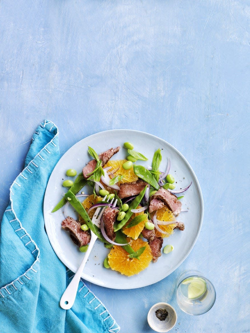 Steak and Mangetout Salad with Oranges and Edamame