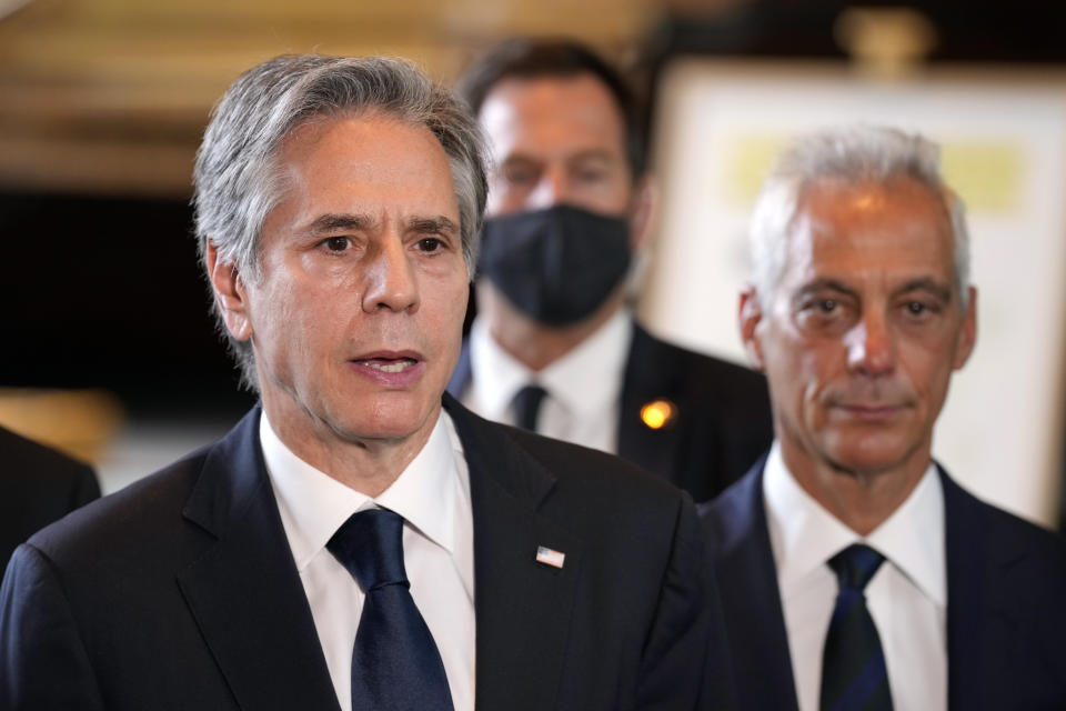 U.S. Secretary of State Antony Blinken, left, speaks after a meeting with Japan's Prime Minister Fumio Kishida at the prime minister's official residence Monday, July 11, 2022, in Tokyo. Blinken pays a brief condolence visit to Japan following the assassination of former Japanese Prime Minister Shinzo Abe. (AP Photo/Eugene Hoshiko)