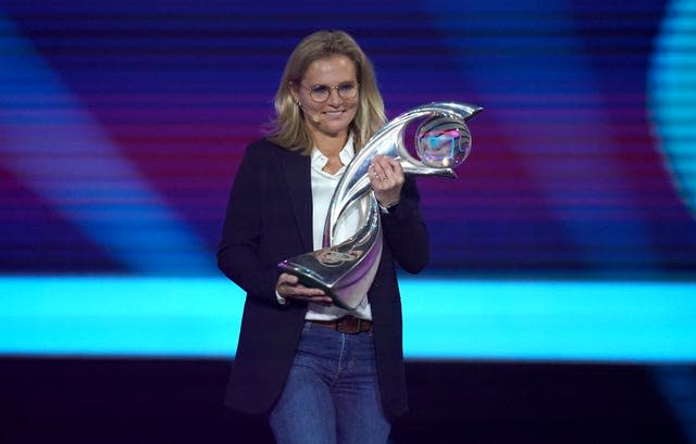 England boss Sarina Wiegman with the Euros trophy at Thursday's draw ceremony (Nick Potts/PA).