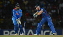 COLOMBO, SRI LANKA - SEPTEMBER 23: Jos Buttler of England is bowled Harbhajan Singh of India during the ICC World Twenty20 2012 Group A match between England and India at R. Premadasa Stadium on September 23, 2012 in Colombo, Sri Lanka. (Photo by Gareth Copley/Getty Images)