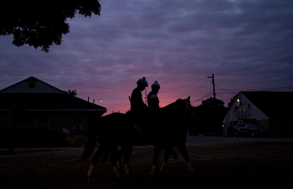 The sun creeps up over the barns the morning of the 149th running of the Kentucky Derby on Saturday, May 6, 2023 at Churchill Downs in Louisville, Ky.