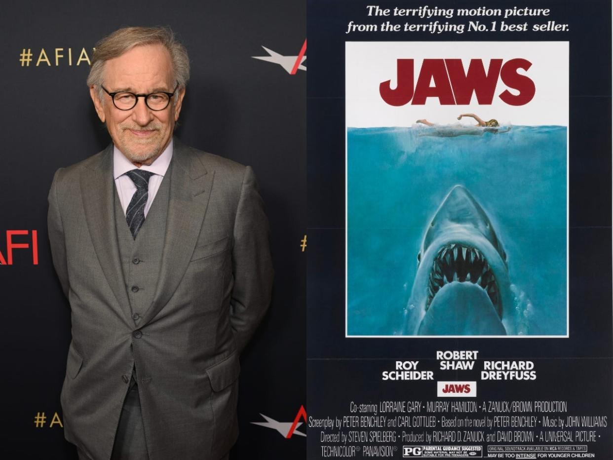 Steven Spielberg at the AFI Awards Luncheon in California on March 11, 2022 (L), a poster for the 1975 film "Jaws" (R).