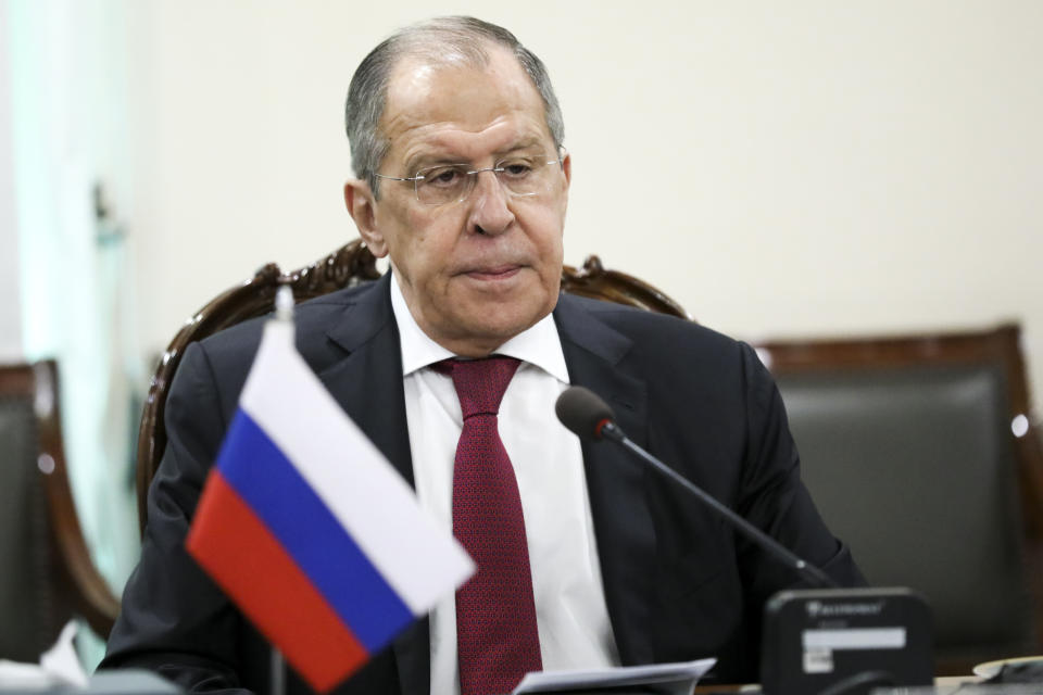 In this handout photo released by Russian Foreign Ministry Press Service, Russian Foreign Minister Sergey Lavrov attends the talks with Pakistani Foreign Minister Shah Mahmood Qureshi in Islamabad, Pakistan, Wednesday, April 7, 2021. (Russian Foreign Ministry Press Service via AP)