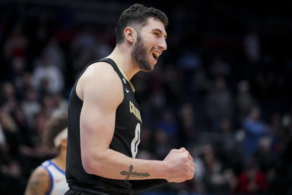 Colorado guard Luke O'Brien reacts during a stop in play during the second half of the team's First Four game against Boise State in the NCAA men's college basketball tournament Wednesday, March 20, 2024, in Dayton, Ohio. (AP Photo/Aaron Doster)