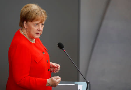 German Chancellor Angela Merkel gestures during a session at the lower house of parliament Bundestag in Berlin, Germany June 6, 2018. REUTERS/Axel Schmidt
