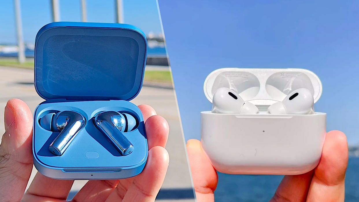  OnePlus Buds 3 vs AirPods Pro 2 face of hero image. 