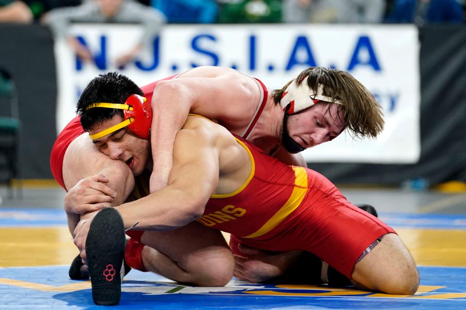 Brian Soldano of High Point, left, and Joshua Palacio of North Bergen wrestle in the 190-pound final on Day 3 of the NJSIAA state wrestling championships in Atlantic City on Thursday, March 5, 2022.