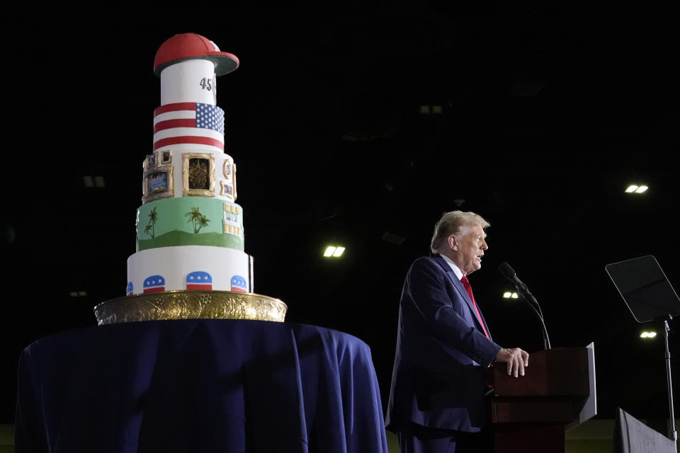 Republican presidential candidate former President Donald Trump speaks at his birthday celebration, hosted by Club 47, in West Palm Beach, Fla., Friday, June 14, 2024. (AP Photo/Gerald Herbert)