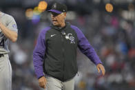 Colorado Rockies manager Bud Black walks toward the dugout after making a pitching change during the fourth inning of his team's baseball game against the San Francisco Giants in San Francisco, Saturday, Sept. 9, 2023. (AP Photo/Jeff Chiu)