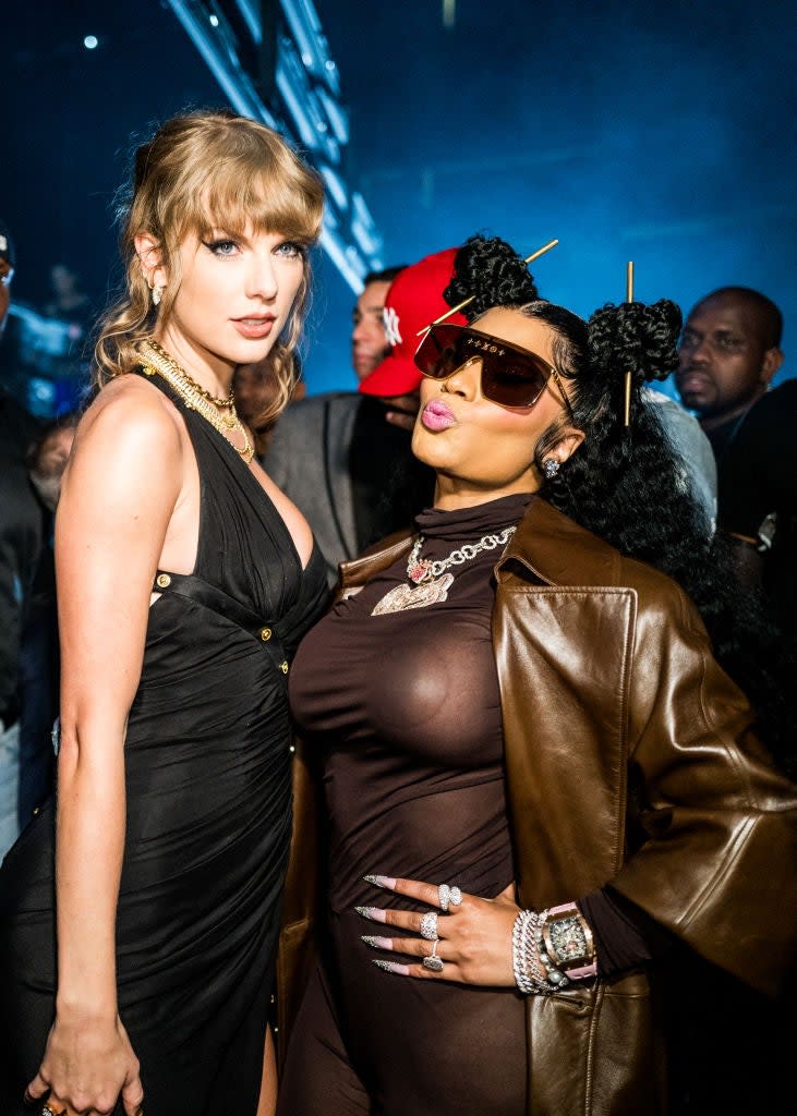 Taylor Swift and Nicki Minaj seen backstage during the 2023 Video Music Awards at Prudential Center on September 12, 2023 in Newark, New Jersey.