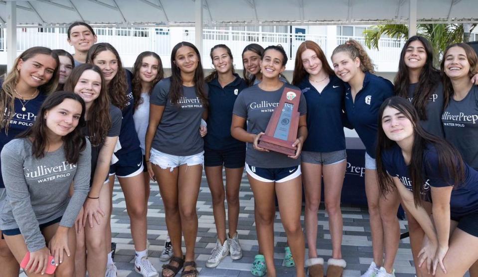 The Gulliver Prep girls’ water polo team won a district title.