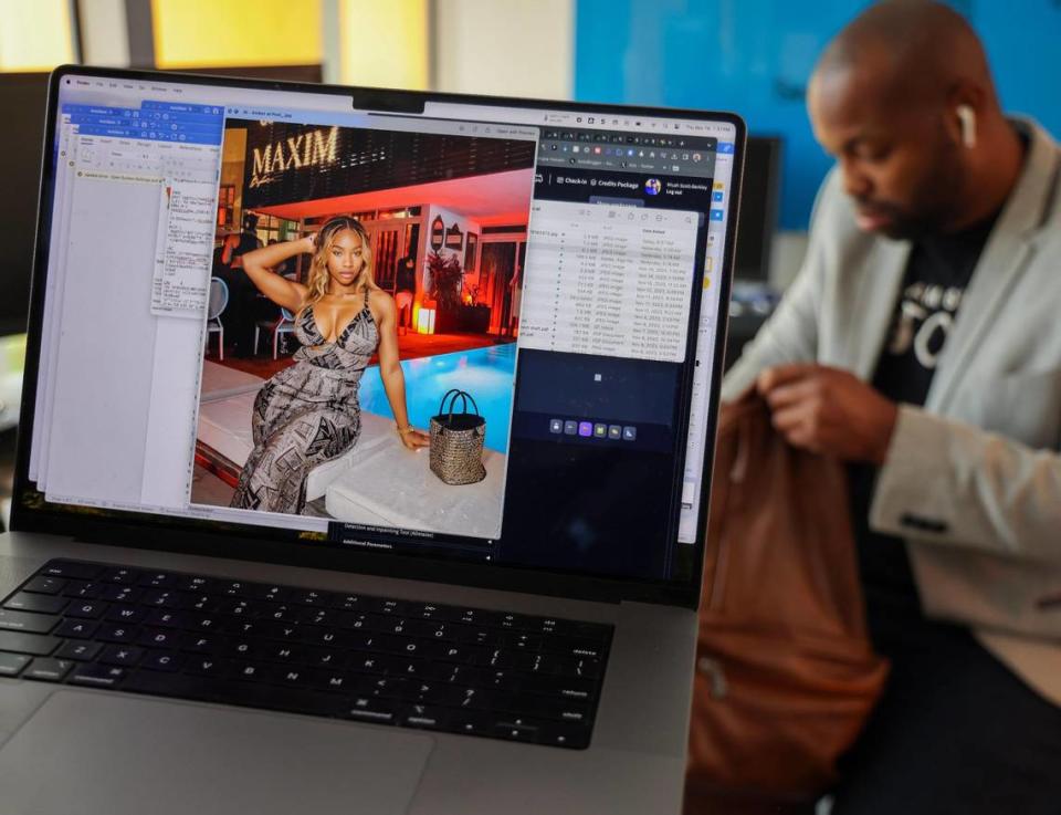 Micah Berkley, a Black tech entrepreneur, is using the power of AI to create the fictitious model (viewed on the screen) that can be used in the branding of products he develops inside his Edgewater office in Miami, Florida, on Thursday, November 16, 2023.