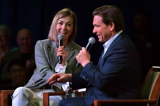 PHOTO: Florida Gov. Ron DeSantis speaks at a campaign event with Iowa Gov. Kim Reynolds, Mar. 10, 2023, in Davenport, Iowa. (Ron Johnson/AP)