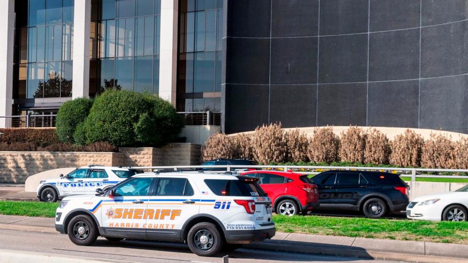 PHOTO: Emergency vehicles line the feeder road outside Lakewood Church during a reported active shooter event, Feb. 11, 2024, in Houston.  (Kirk Sides/Houston Chronicle via Getty Images)