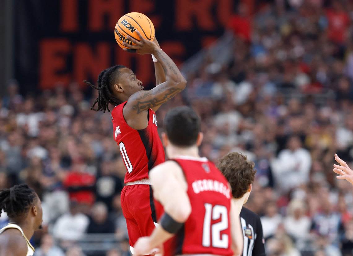 N.C. State’s DJ Horne (0) shoots during the first half of N.C. State’s game against Purdue in the NCAA Tournament national semfinals at State Farm Stadium in Glendale, Ariz., Saturday, April 6, 2024. Ethan Hyman/ehyman@newsobserver.com
