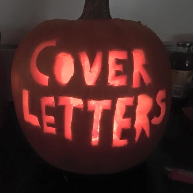 "cover letters" carved into a pumpkin