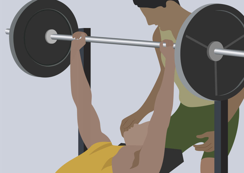 A graphic of two people working out. One is lifting weights from a horizontal bench. The other is spotting them