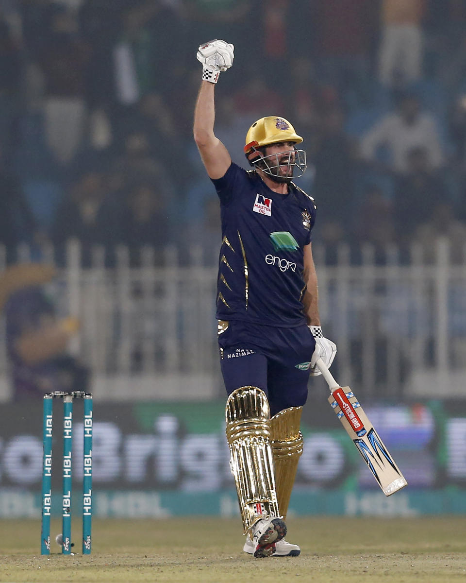 Quetta Gladiators batsman Ben Cutting reacts after playing winning shot during the Pakistan Super League T20 cricket match against Islamabad United at Rawalpindi stadium in Rawalpindi, Pakistan, Thursday, Feb. 27, 2020. (AP Photo/Anjum Naveed)