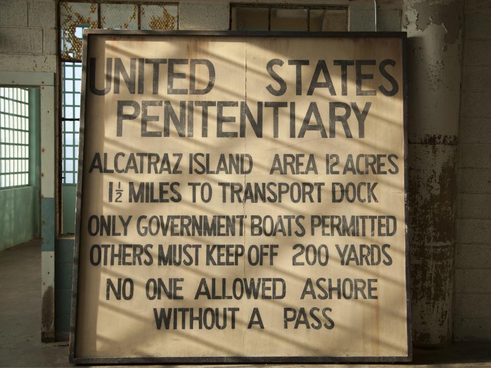 Old sign Inside Alcatraz Penitentiary Building, now a museum in California.