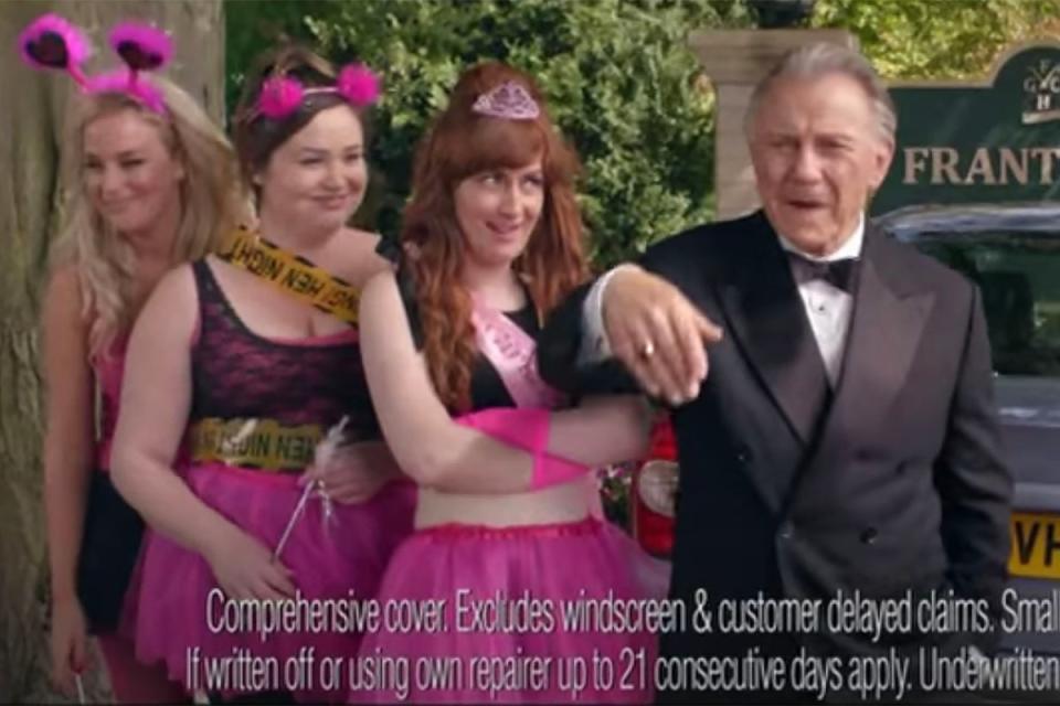 Scraping the barrel: Harvey Keitel rescues a stranded hen do in an advert for Direct Line (Direct Line)