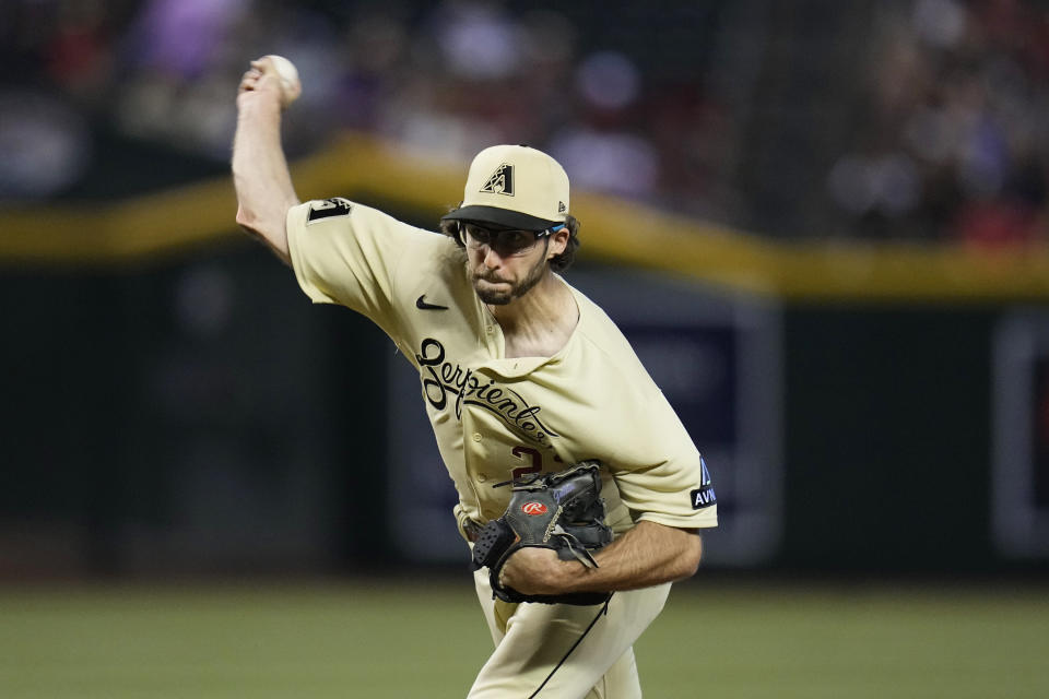 Arizona Diamondbacks starting pitcher Zac Gallen throws to a Cleveland Guardians batter during the first inning of a baseball game Friday, June 16, 2023, in Phoenix. (AP Photo/Ross D. Franklin)