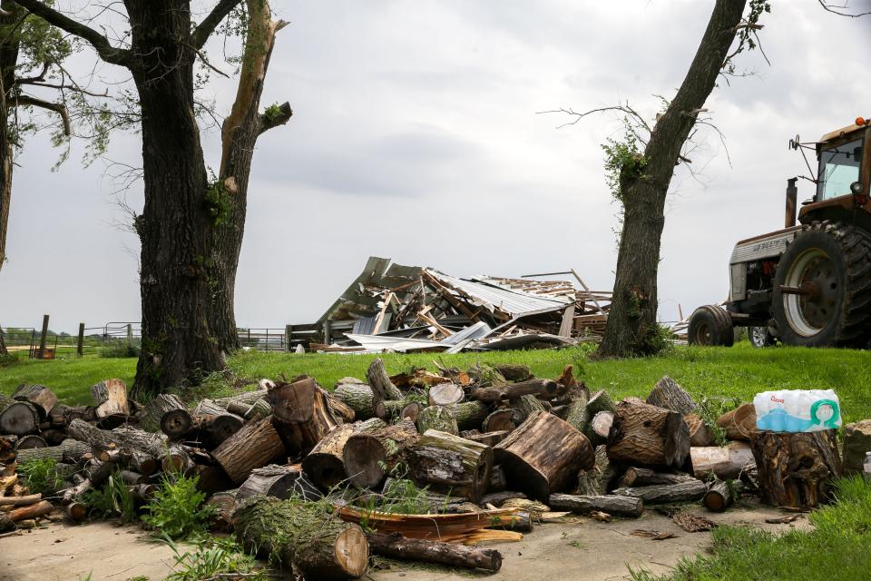 Rick Brenneman's barn was flattened after a tornado hit his property near 540th Street SW and Angle Road SW Friday, May 24, 2024 near Frytown, Iowa.