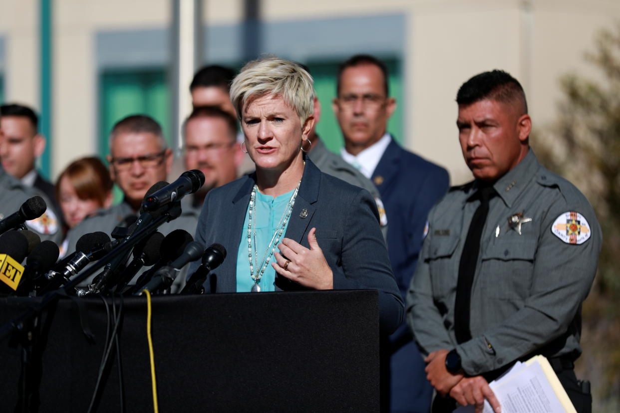 District attorney Mary Carmack-Altwies speaks at a news conference after actor Alec Baldwin accidentally shot and killed cinematographer Halyna Hutchins on the film set of the movie Rust in Santa Fe, New Mexico. (