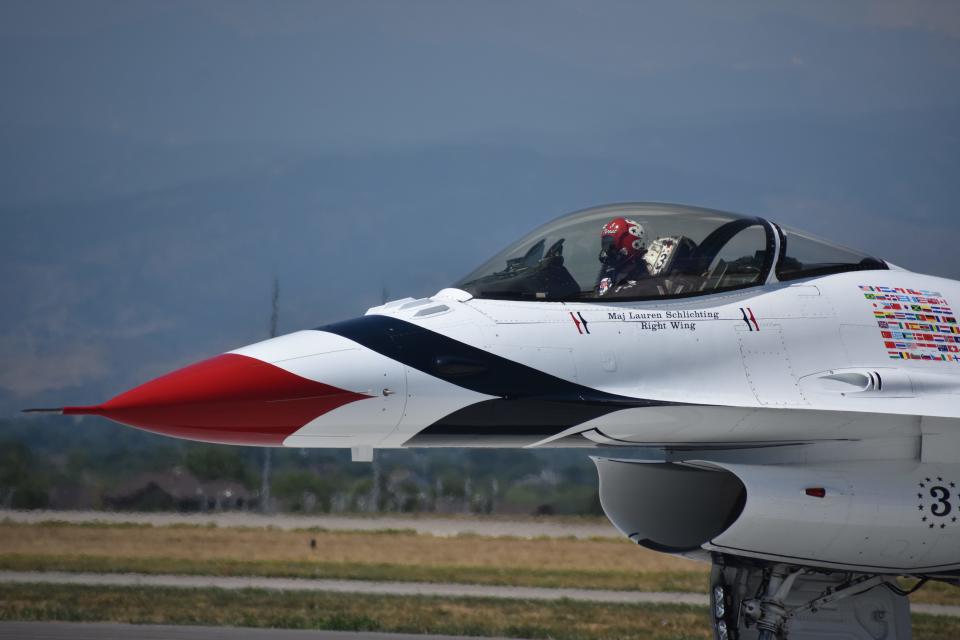 A U.S. Air Force Thunderbird jet taxis after landing at the Northern Colorado Regional Airport in Loveland on July 27, 2022. The team performed at the Wings over Warren air show in Cheyenne.