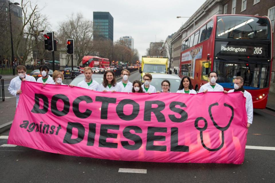 Protest: Doctors and medical students launched campaign to ban diesel cars from London (David Mirzoeff/Greenpeace /PA Wire)