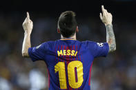 FILE - Barcelona's Lionel Messi celebrates after scoring his side's first goal during a Champions League group D soccer match between FC Barcelona and Juventus at the Camp Nou stadium in Barcelona, Spain, Tuesday, Sept. 12, 2017. Lionel Messi says he is coming to Inter Miami and joining Major League Soccer. After months of speculation, Messi announced his decision Wednesday, June 7, 2023,to join a Miami franchise that has been led by another global soccer icon in David Beckham since its inception but has yet to make any real splashes on the field. (AP Photo/Francisco Seco, File)