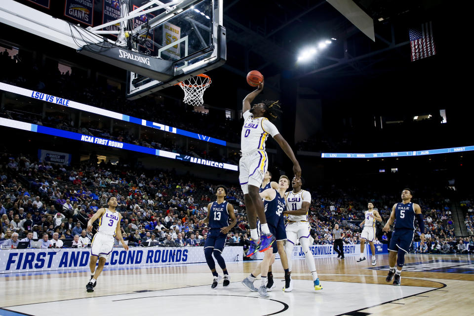 <p>LSU Tigers forward Naz Reid (0) dunks the ball against the Yale Bulldogs in the first round of the 2019 NCAA Men’s Basketball Tournament held at VyStar Veterans Memorial Arena on March 21, 2019 in Jacksonville, Florida. (Photo by Matt Marriott/NCAA Photos via Getty Images) </p>