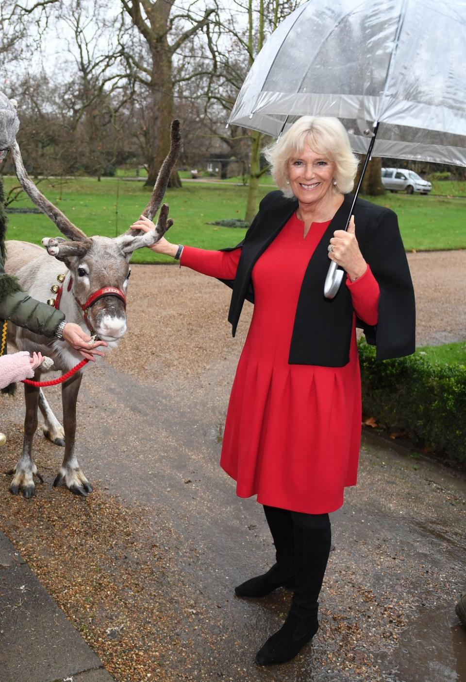<p>Looking very festive in a red dress and black capelet, the Duchess hosted her annual children's Christmas party at Clarence House. The holiday lunch invites children who are seriously ill to enjoy activities including tree decorating and meeting reindeer. </p>