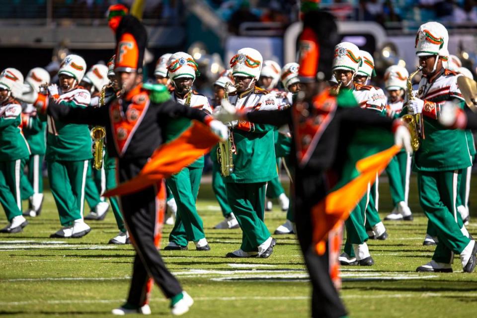 The Florida A&M University ‘Marching 100’ perform during half-time of the Orange Blossom Classic against Jackson State University at Hard Rock Stadium in Miami Gardens, Florida, Sunday, September 4, 2022.