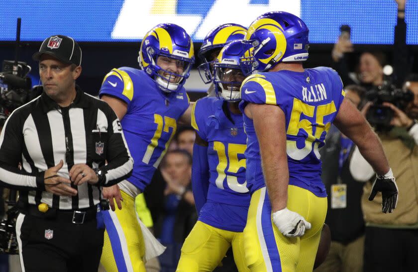 INGLEWOOD, CA - DECEMBER 8, 2022: Rams quarterback Baker Mayfield (17) celebrates Los Angeles Rams.