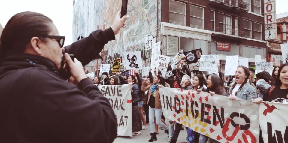 A still from a film by Timothy Ornelas,&nbsp;showing&nbsp;a Dakota Access Pipeline protest in Los Angeles in February 2017. (Photo: <a href="https://vimeo.com/203319428" target="_blank">Timothy Ornelas</a>)