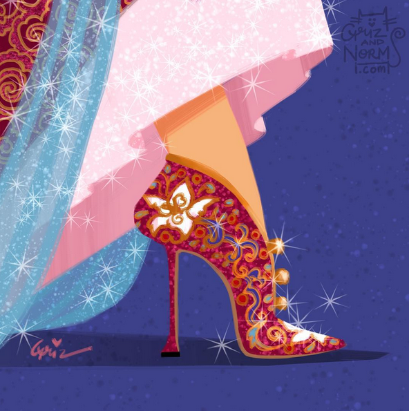 Embroidered Manolo Blahnik-inspired design for Mulan.