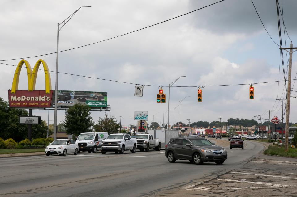 Traffic travels at the intersection of Memorial Drive and Arlington Avenue on September 8, 2023, in Lancaster, Ohio.