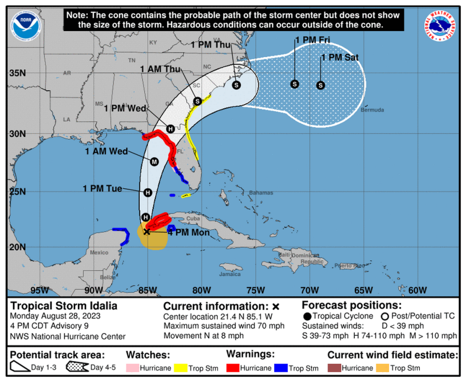 The forecast path for Tropical Storm Idalia, which is expected to become a hurricane in the next 24 hours. Impacts of a tropical storm can reach well outside of the cone.