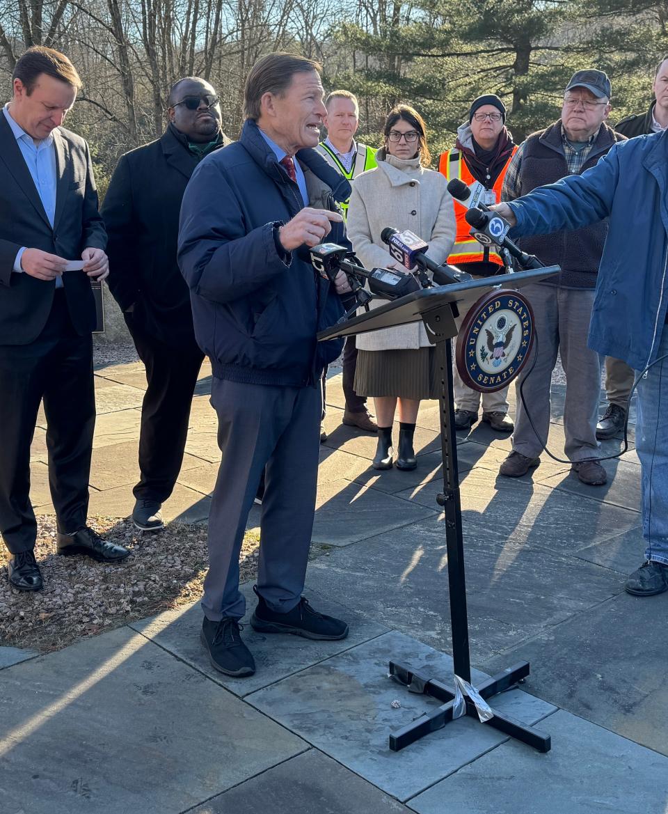 Sen. Richard Blumenthal speaks at the press conference Friday regarding the flooding of the Yantic River.