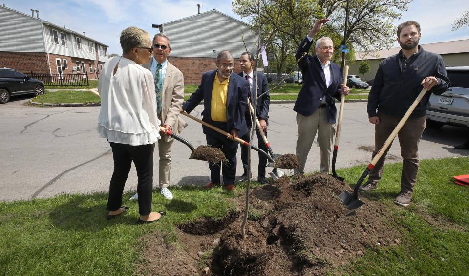 Senate Majority Leader Charles Schumer, D-N.Y., talks about how the tree he and other Rochester dignitaries are planting will grow over the upcoming years. He was participating in a press conference and tree planting on Holland Street in the Upper Falls Neighborhood on Monday, May 8, 2023, in Rochester.