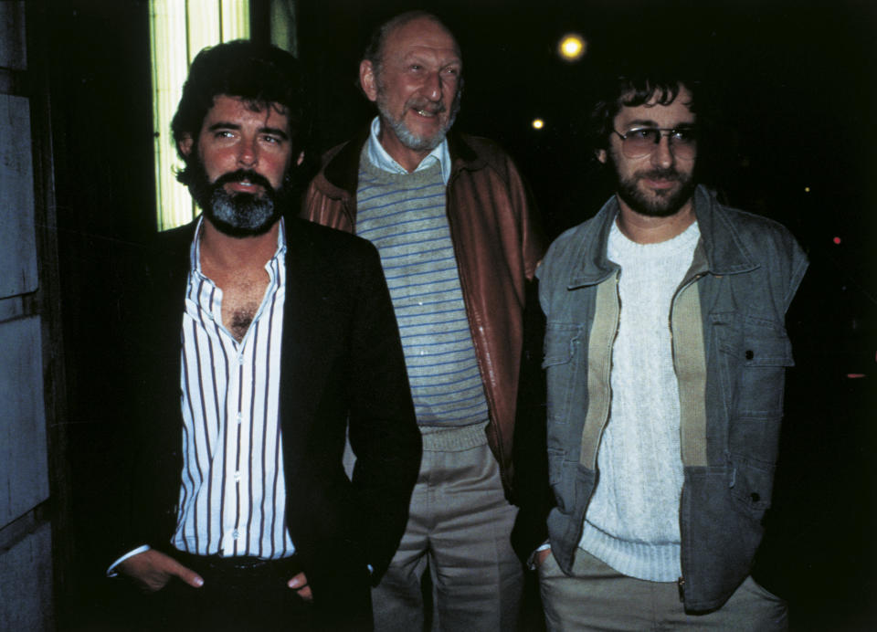 Portrait of American directors George Lucas, Irvin Kershner and Steven Spielberg. 1980s (Photo by Mondadori via Getty Images)