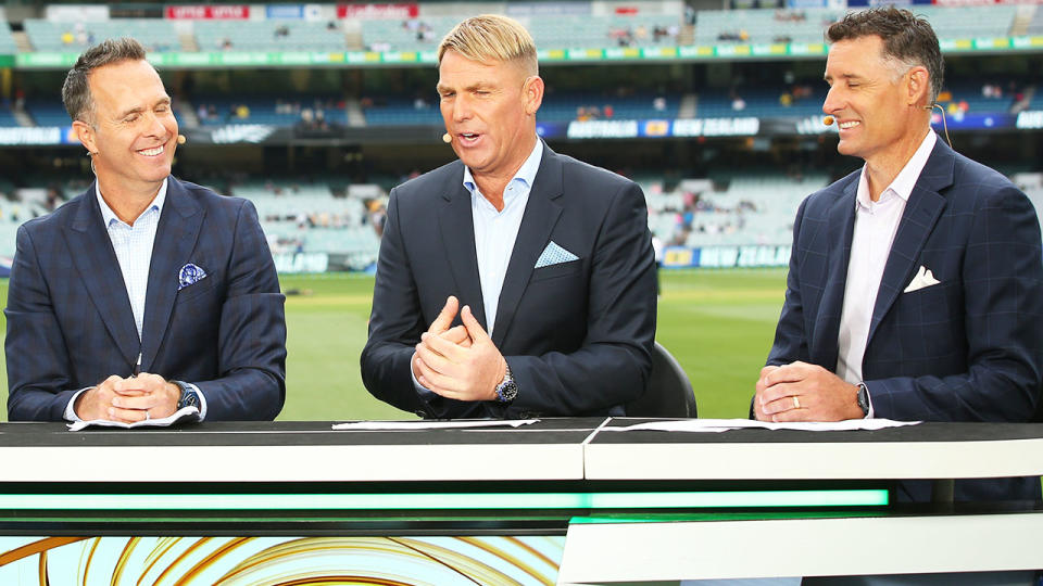 Michael Vaughan, Shane Warne and Michael Hussey, pictured here in 2019.