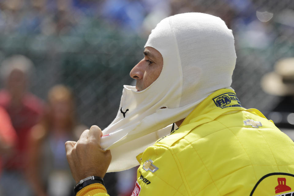 Helio Castroneves, of Brazil, prepares to practice for the Indianapolis 500 IndyCar auto race at Indianapolis Motor Speedway, Thursday, May 16, 2019 in Indianapolis. (AP Photo/Darron Cummings)