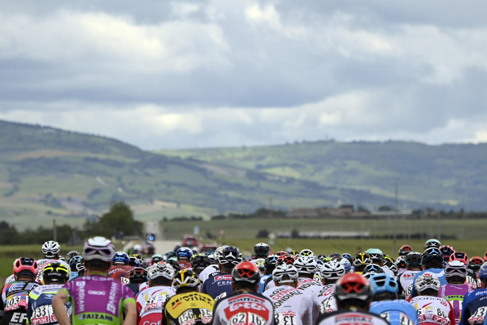 Cyclists ride during the eighth stage of the Giro d'Italia cycling race, from Foggia to to Guardia Sanframondi, Italy, Saturday, May 15, 2021. (Fabio Ferrari/LaPresse via AP)