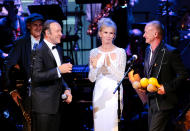 Actor Kevin Spacey, Trudie Styler and Sting perform together during the finale at the 25th Anniversary Rainforest Fund benefit concert at Carnegie Hall on Thursday, April 17, 2014 in New York. (Photo by Evan Agostini/Invision/AP)