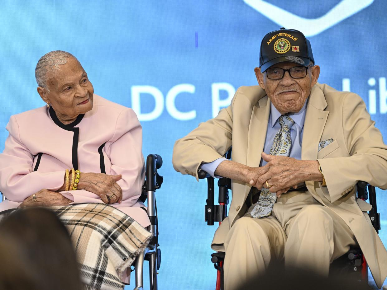 109 year old survivor of the Tulsa Race massacre Viola Fletcher (L) and Hughes Van Ellis (R) is 102 years old, is a survivor of the Massacre and brother of Mother Viola Fletcher speaks about their memoir in Washington D.C., United States on June 18, 2023.